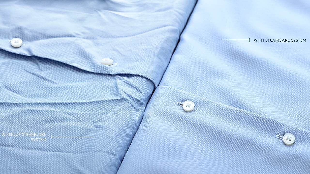 Salīdzinājums ar audumiem, kuri mazgāti izmantojot SteamCare sistēmu pret audumiem, kas mazgāti bez SteamCare sistēmas